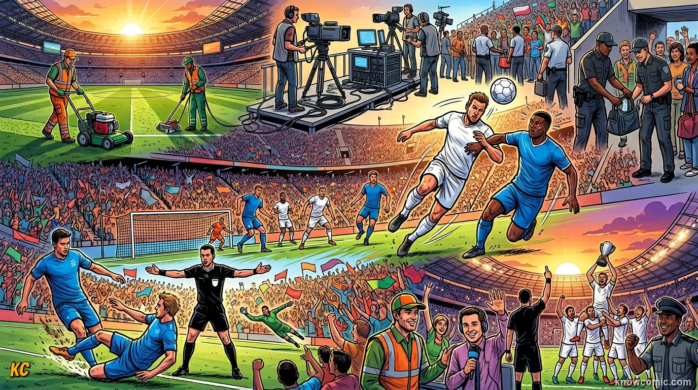 Comic panel titled the crew stays late, labelled world cup 2026, from the KnowComic World Cup 2026 lesson on match day behind the scenes
