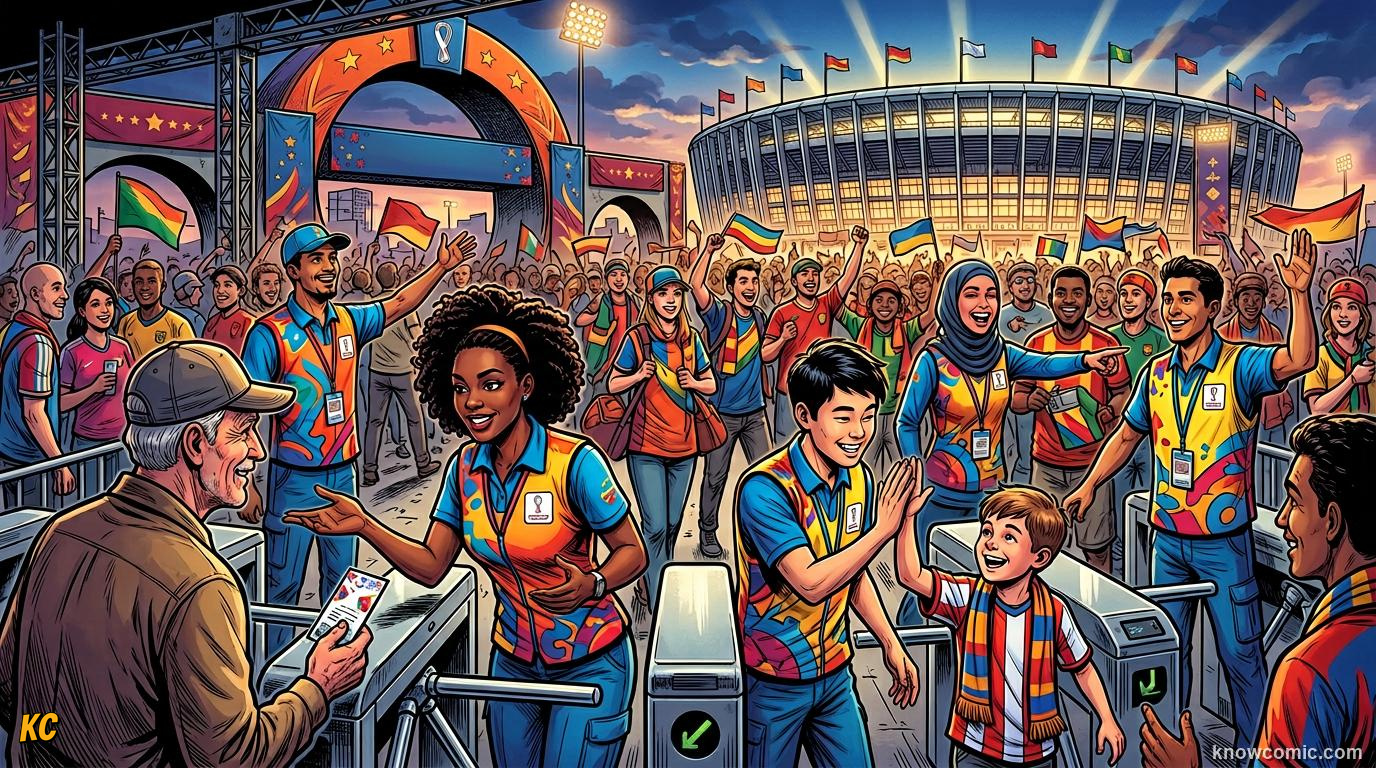 Comic panel titled who keeps the cup running, labelled unsung stars, from the KnowComic World Cup 2026 lesson on volunteers & ball kids