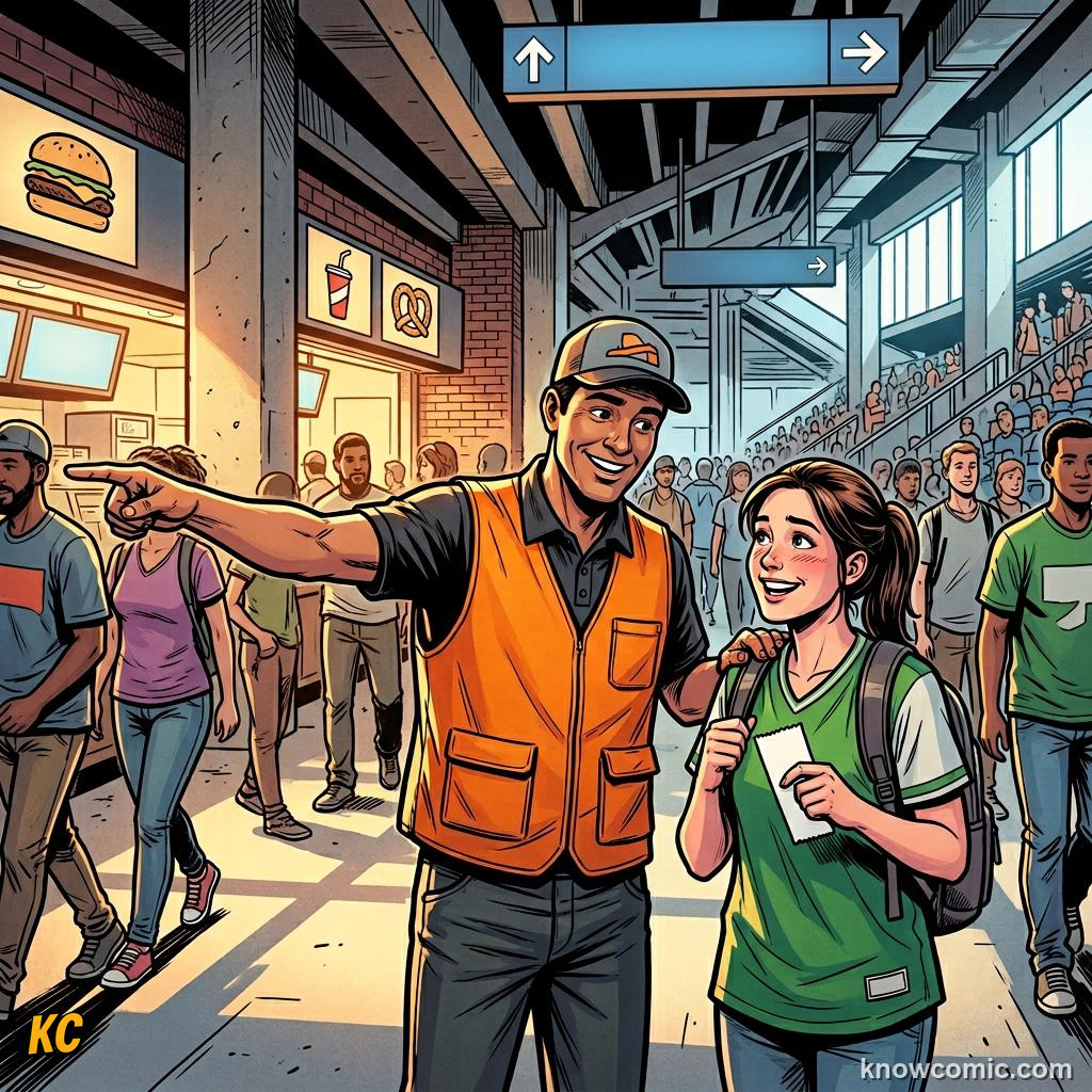 Comic panel titled from application to uniform, labelled volunteers, from the KnowComic World Cup 2026 lesson on volunteers & ball kids