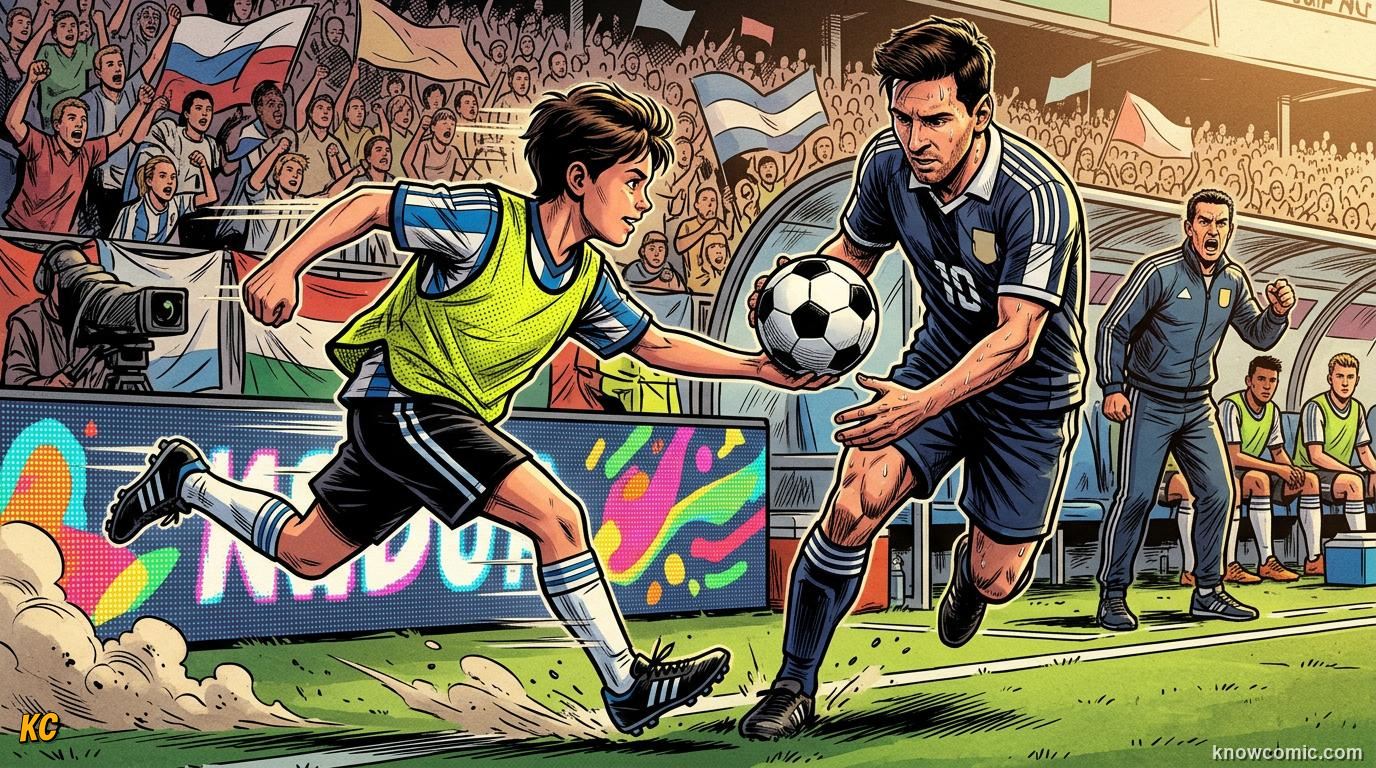Comic panel titled from application to uniform, labelled join up, from the KnowComic World Cup 2026 lesson on volunteers & ball kids