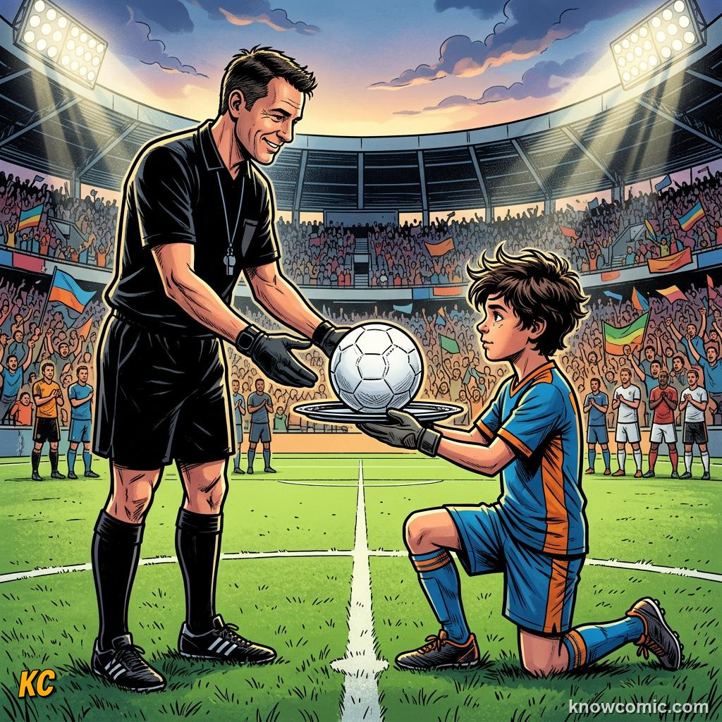 Comic panel titled the ball kid job, labelled forms, from the KnowComic World Cup 2026 lesson on volunteers & ball kids