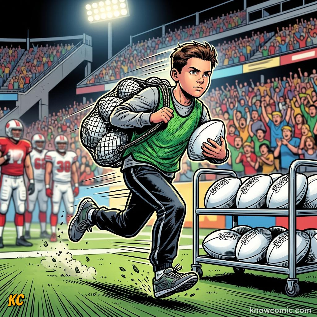Comic panel titled the ball kid job, labelled skills, from the KnowComic World Cup 2026 lesson on volunteers & ball kids