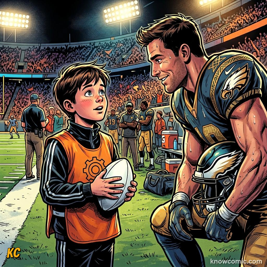 Comic panel titled the ball kid job, labelled kids, from the KnowComic World Cup 2026 lesson on volunteers & ball kids
