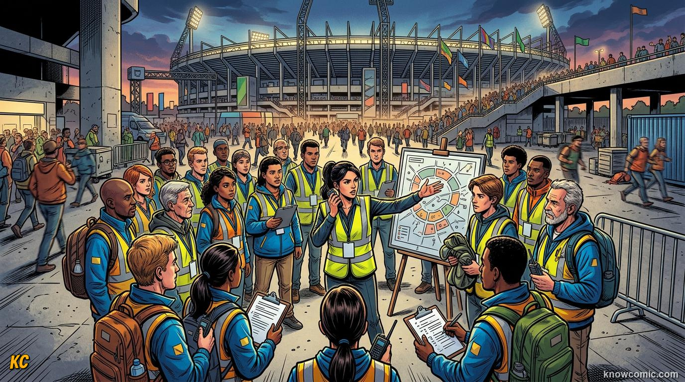Comic panel titled the ball kid job, labelled pitch side, from the KnowComic World Cup 2026 lesson on volunteers & ball kids