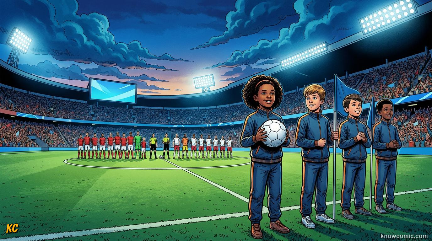 Comic panel titled guiding the crowd, labelled fan support, from the KnowComic World Cup 2026 lesson on volunteers & ball kids
