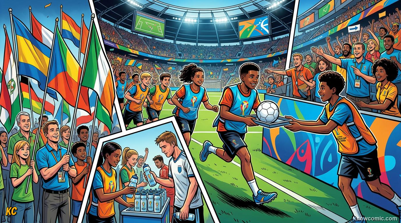 Comic panel titled why helpers matter, labelled world cup 2026, from the KnowComic World Cup 2026 lesson on volunteers & ball kids