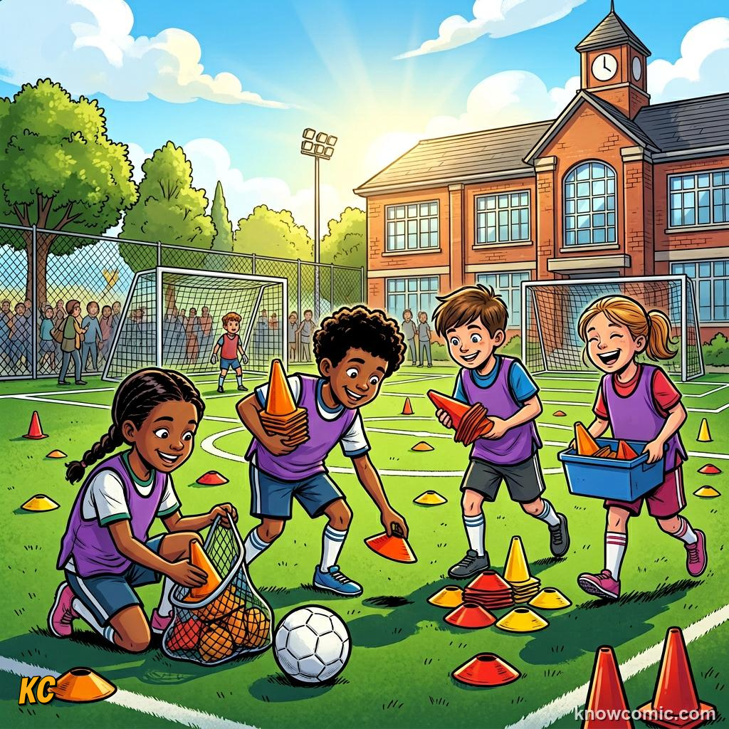 Comic panel labelled future, illustrating volunteers & ball kids in KnowComic's World Cup 2026 series