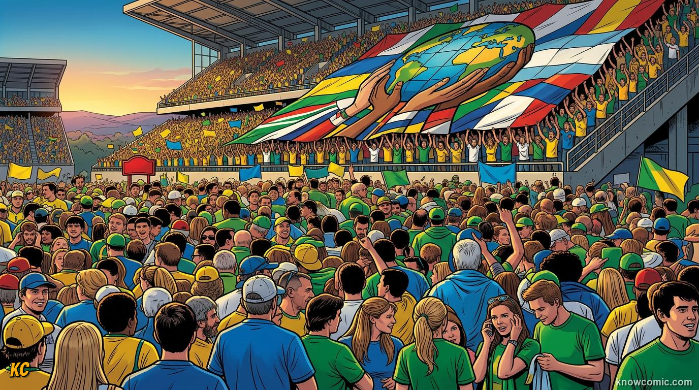 Comic panel titled why fans matter, labelled fan power, from the KnowComic World Cup 2026 lesson on fans, chants & colours