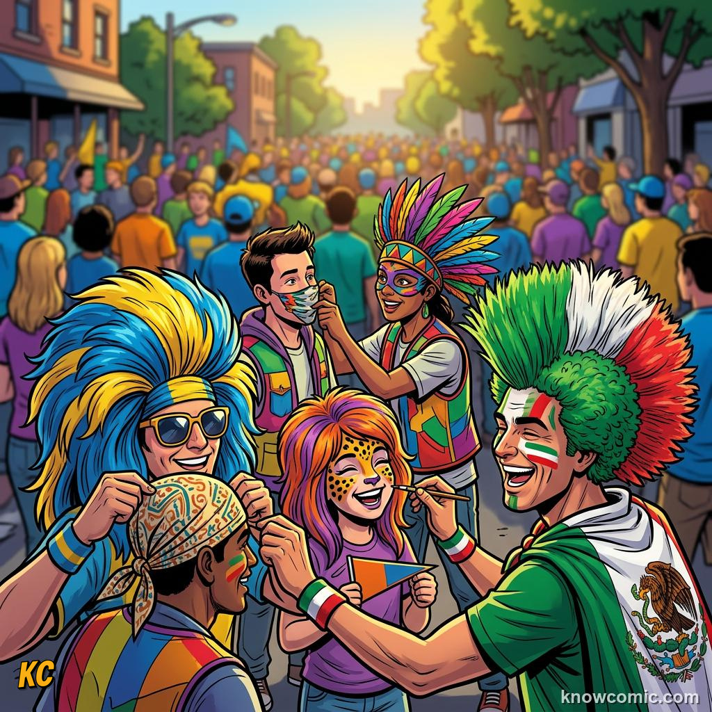 Comic panel titled how chants spread, labelled colour, from the KnowComic World Cup 2026 lesson on fans, chants & colours