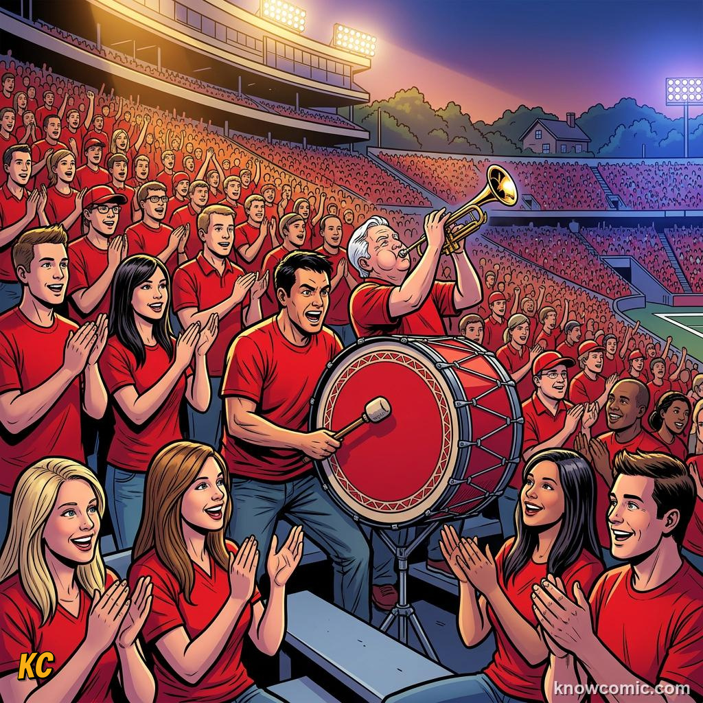Comic panel titled how chants spread, labelled travel, from the KnowComic World Cup 2026 lesson on fans, chants & colours