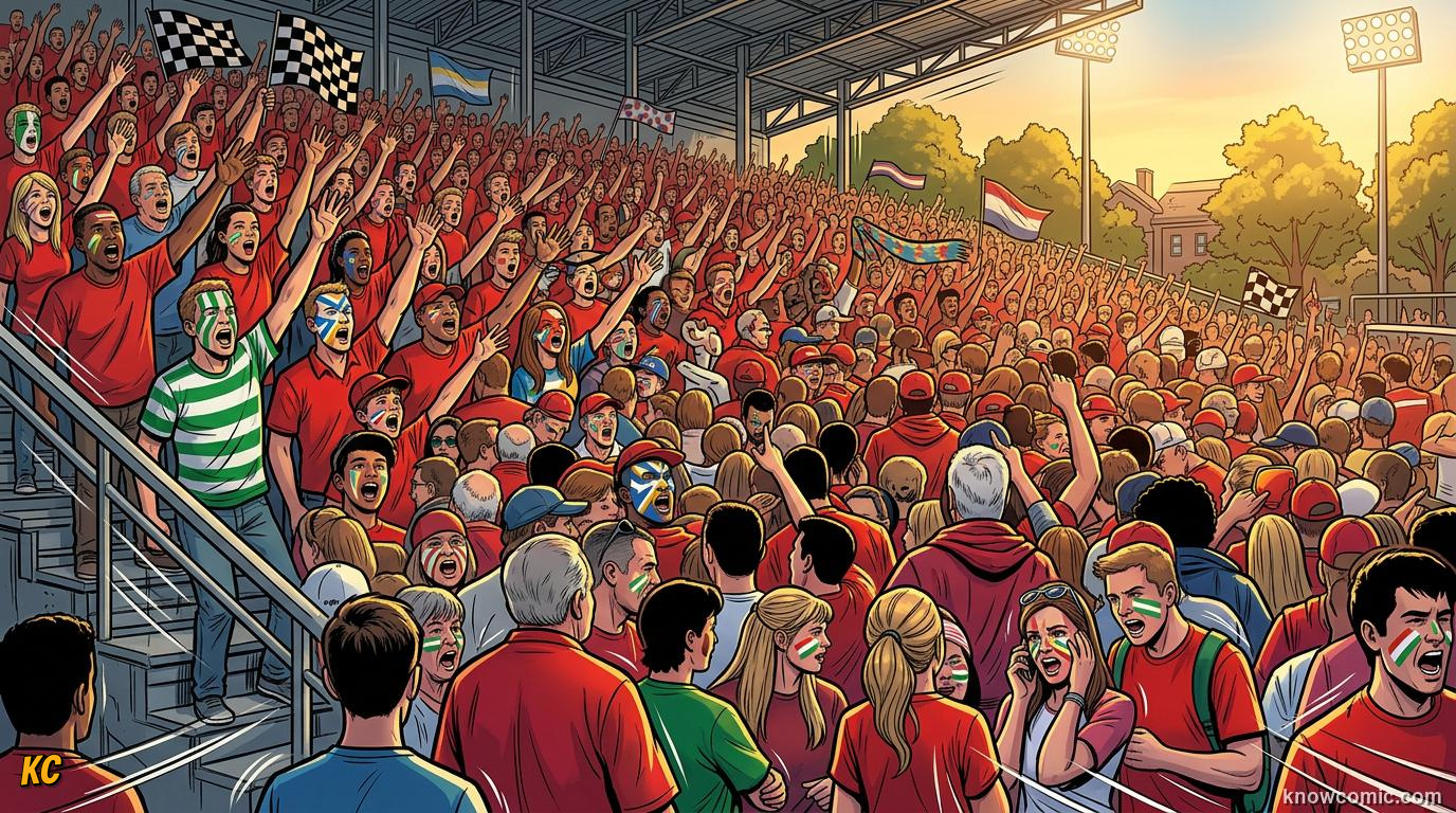 Comic panel titled how chants spread, labelled sing it loud, from the KnowComic World Cup 2026 lesson on fans, chants & colours