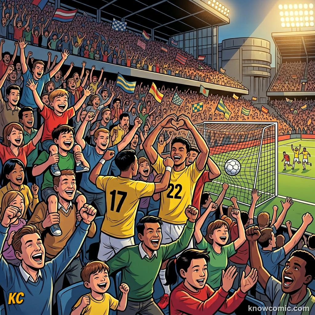 Comic panel titled tifos that steal the show, labelled ultras, from the KnowComic World Cup 2026 lesson on fans, chants & colours