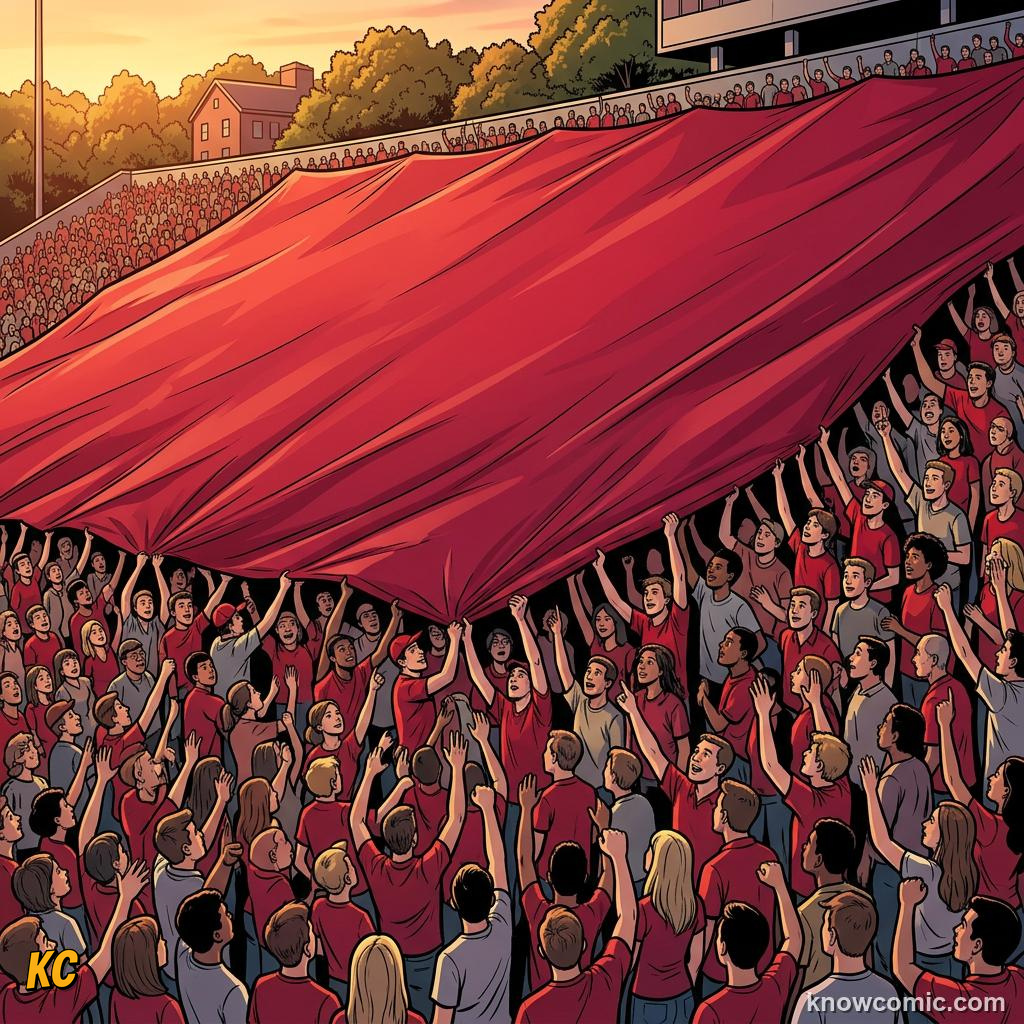 Comic panel titled tifos that steal the show, labelled cards, from the KnowComic World Cup 2026 lesson on fans, chants & colours