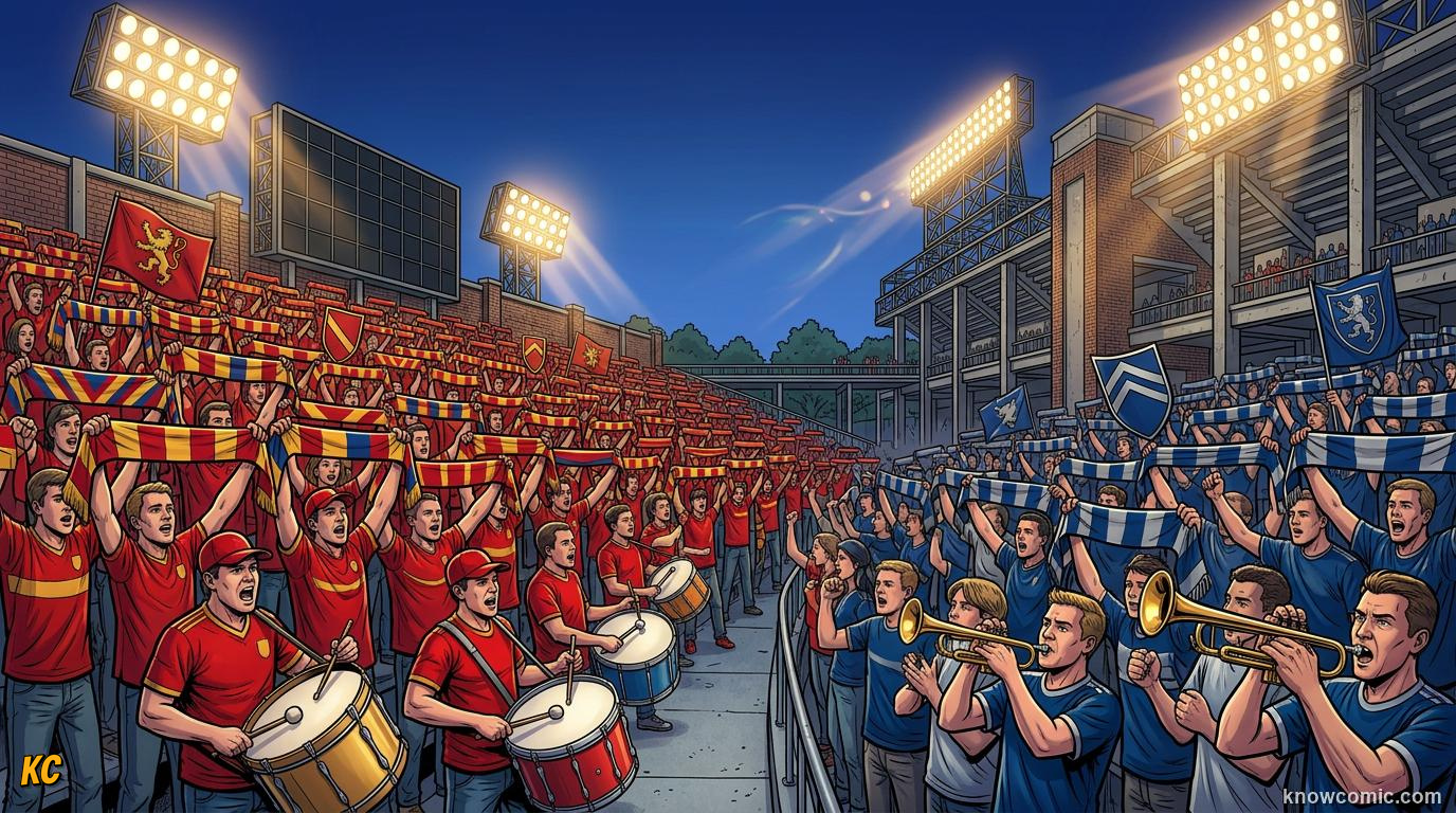 Comic panel titled party in the streets, labelled beyond the stadium, from the KnowComic World Cup 2026 lesson on fans, chants & colours