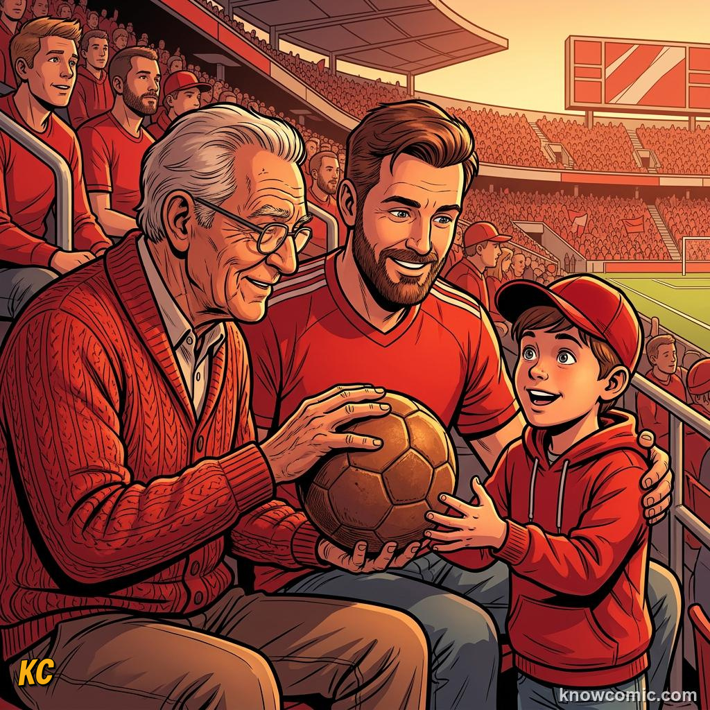 Comic panel titled football's festival spirit, labelled screens, from the KnowComic World Cup 2026 lesson on fans, chants & colours