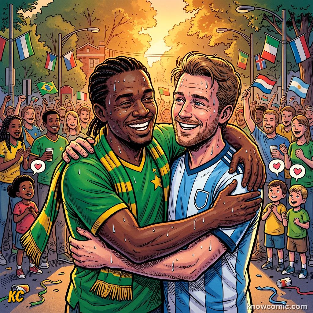 Comic panel titled football's festival spirit, labelled respect, from the KnowComic World Cup 2026 lesson on fans, chants & colours
