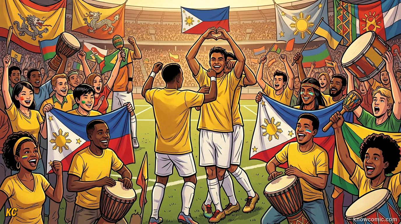 Comic panel titled football's festival spirit, labelled world cup 2026, from the KnowComic World Cup 2026 lesson on fans, chants & colours