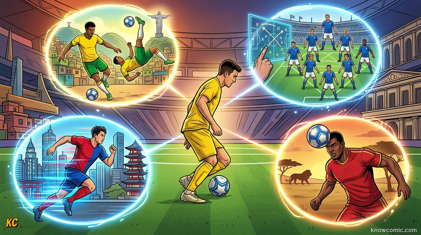 Comic panel titled one sport, many voices, labelled global game, from the KnowComic World Cup 2026 lesson on how the world plays