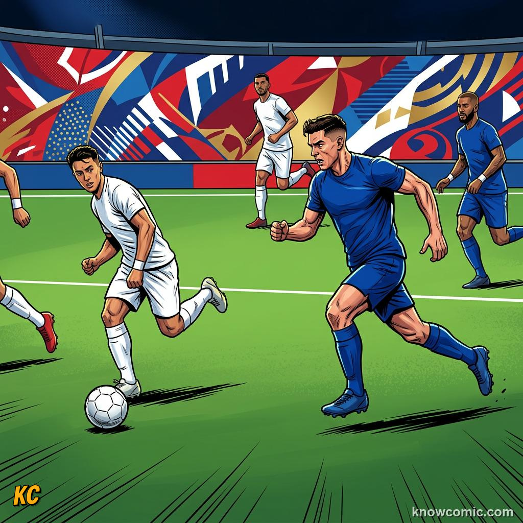 Comic panel titled blend and evolve, labelled usa, from the KnowComic World Cup 2026 lesson on how the world plays