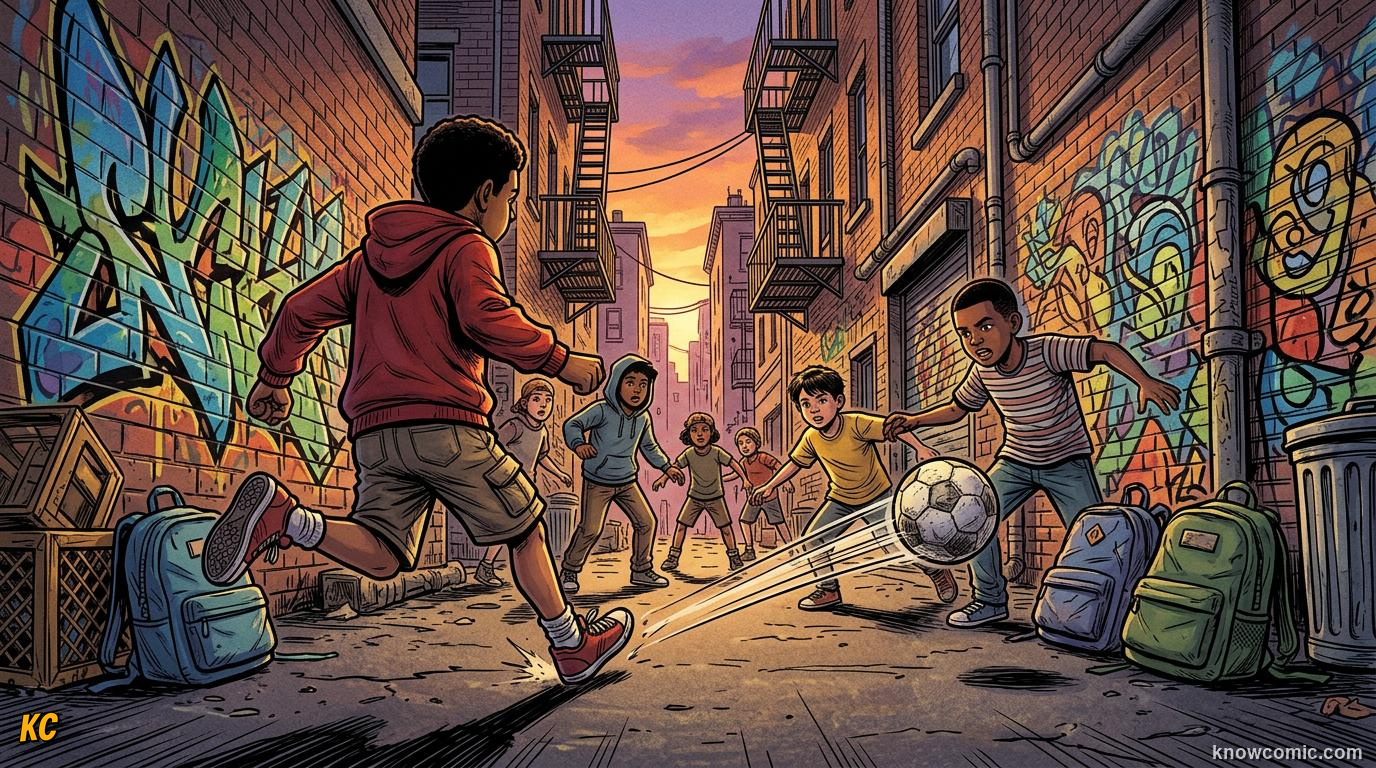 Comic panel titled football without stadiums, labelled anywhere pitch, from the KnowComic World Cup 2026 lesson on street football & futsal