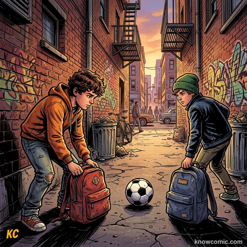 Comic panel titled why small games build big talent, labelled alley, from the KnowComic World Cup 2026 lesson on street football & futsal