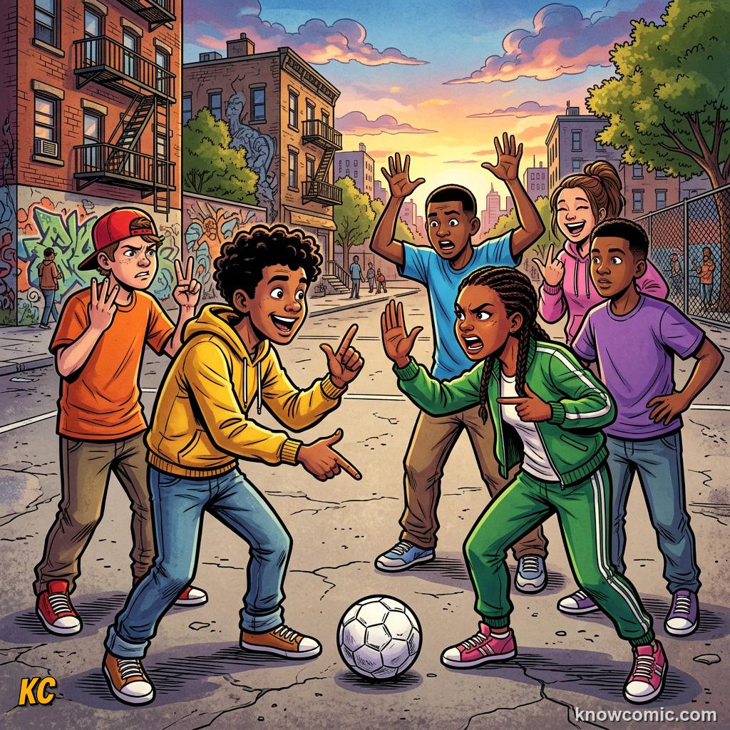 Comic panel titled why small games build big talent, labelled rules, from the KnowComic World Cup 2026 lesson on street football & futsal