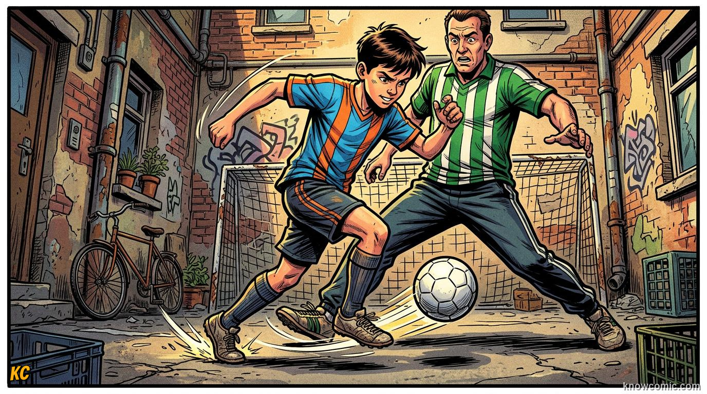 Comic panel titled why small games build big talent, labelled tight control, from the KnowComic World Cup 2026 lesson on street football & futsal