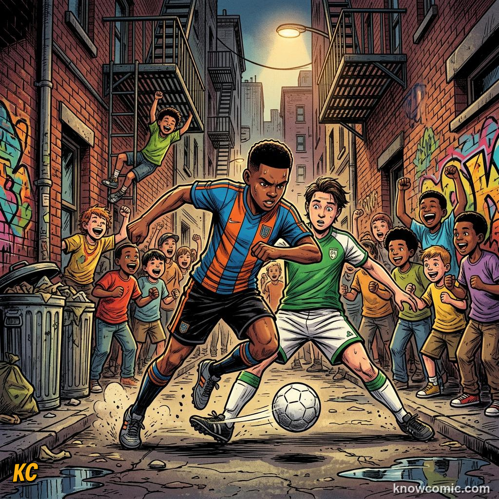 Comic panel titled the indoor school of magic, labelled nutmeg, from the KnowComic World Cup 2026 lesson on street football & futsal