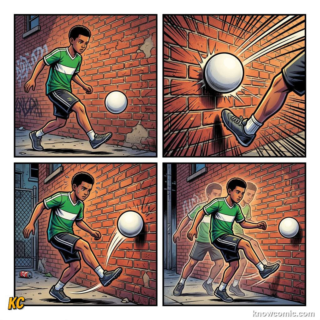 Comic panel titled the indoor school of magic, labelled wall, from the KnowComic World Cup 2026 lesson on street football & futsal
