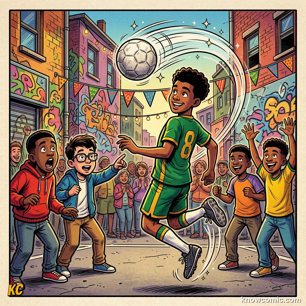 Comic panel titled the indoor school of magic, labelled flair, from the KnowComic World Cup 2026 lesson on street football & futsal