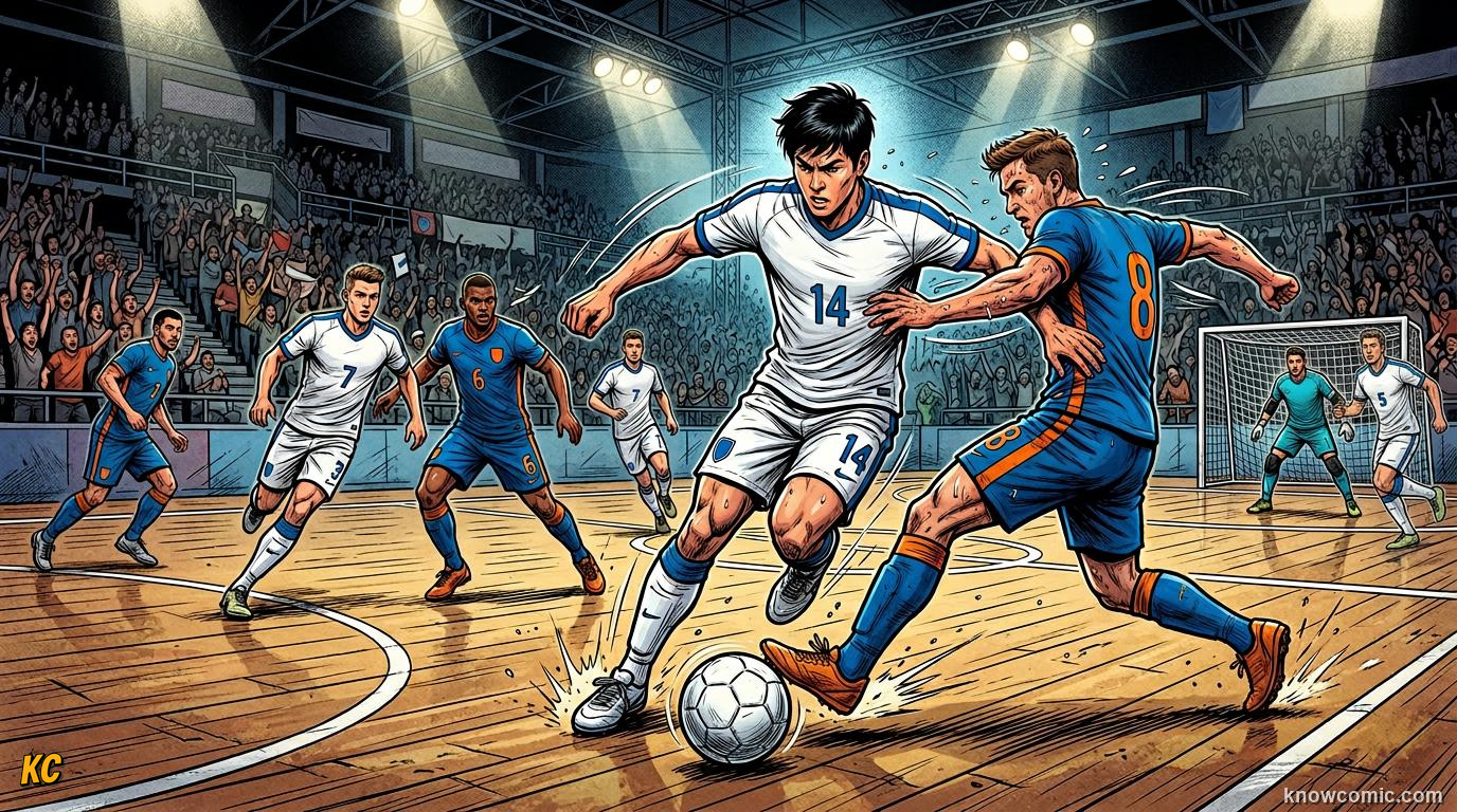 Comic panel titled the indoor school of magic, labelled futsal, from the KnowComic World Cup 2026 lesson on street football & futsal