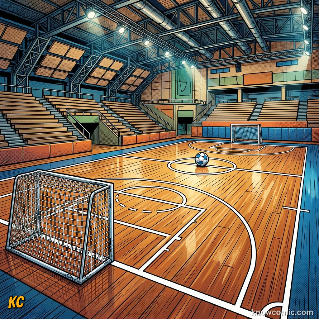 Comic panel titled the indoor school of magic, labelled court, from the KnowComic World Cup 2026 lesson on street football & futsal
