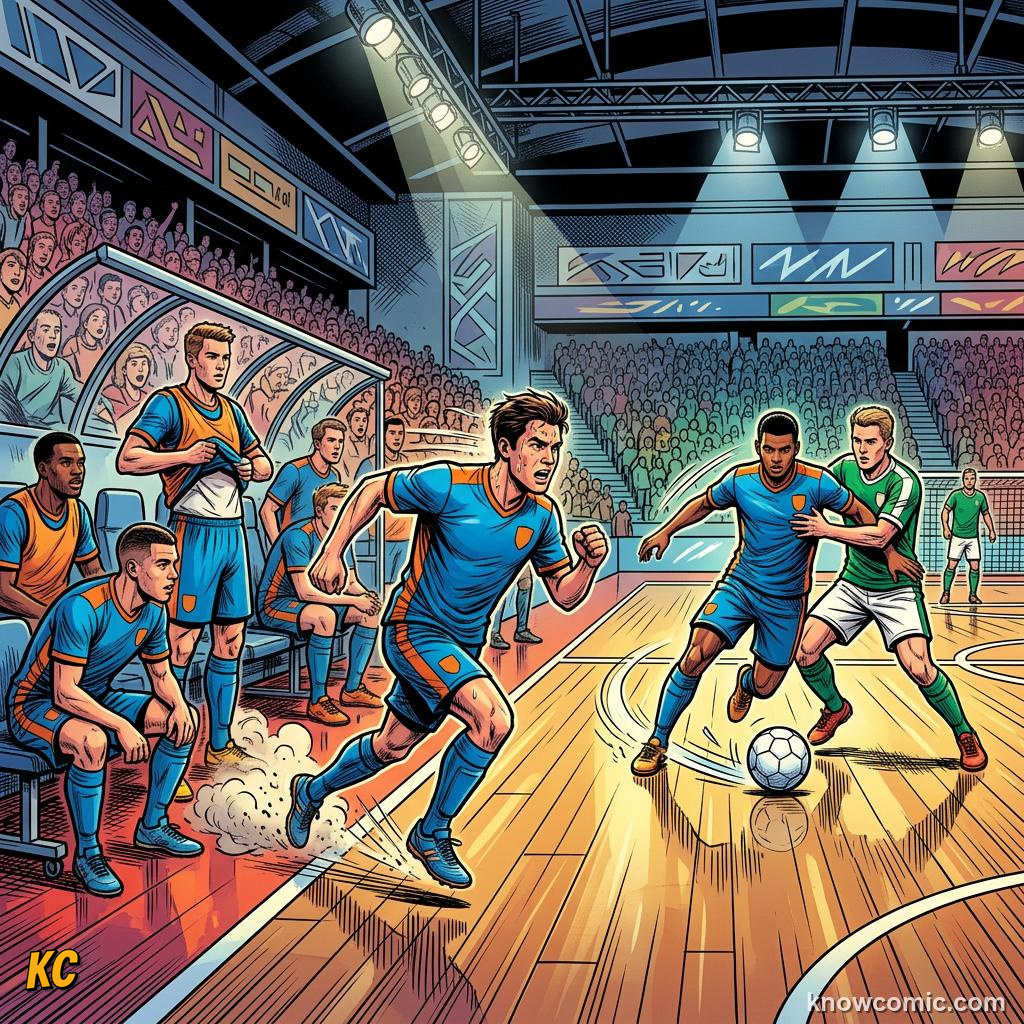Comic panel titled the indoor school of magic, labelled speed, from the KnowComic World Cup 2026 lesson on street football & futsal