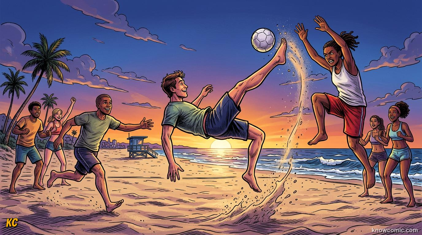 Comic panel titled football everywhere else, labelled sand & sky, from the KnowComic World Cup 2026 lesson on street football & futsal