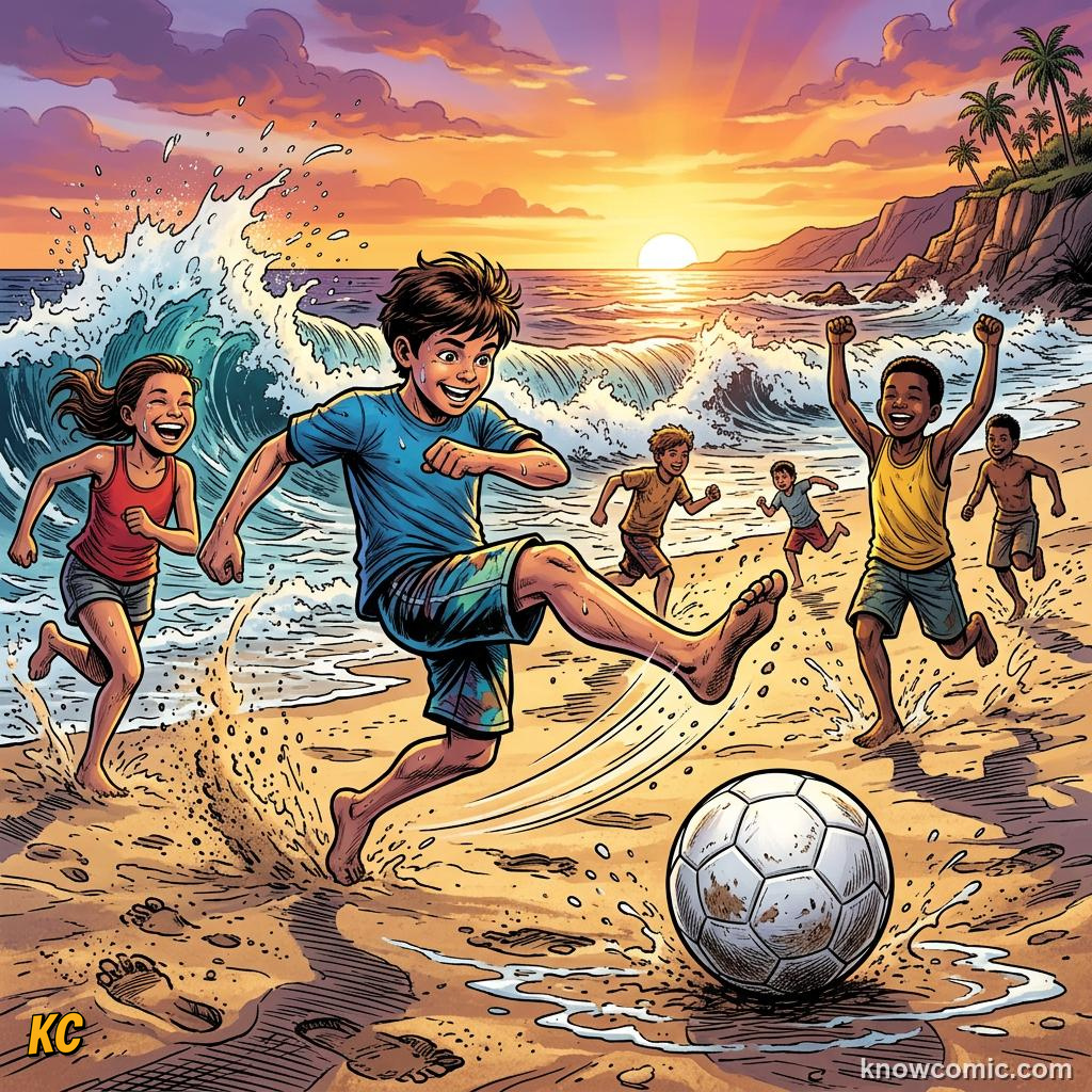 Comic panel titled creativity on the biggest stage, labelled beach, from the KnowComic World Cup 2026 lesson on street football & futsal