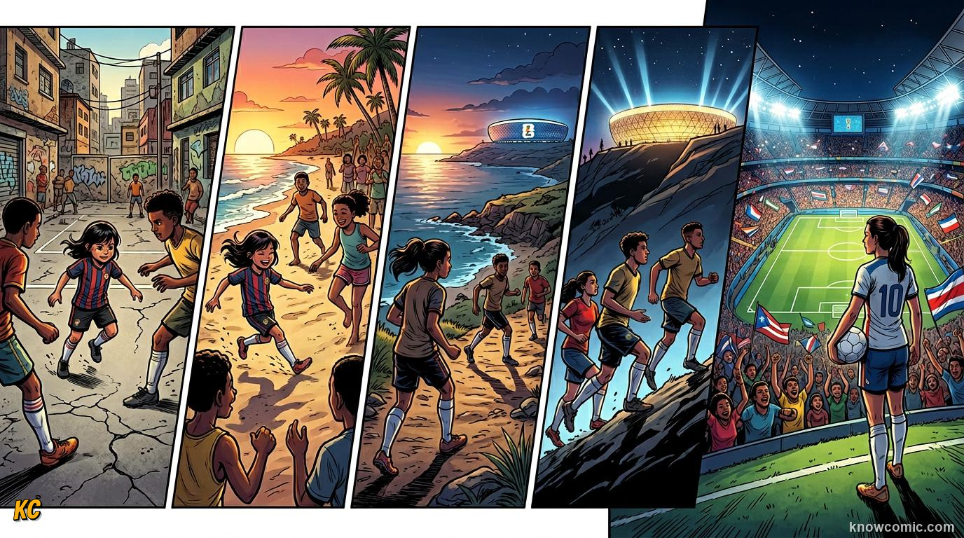Comic panel titled creativity on the biggest stage, labelled world cup 2026, from the KnowComic World Cup 2026 lesson on street football & futsal