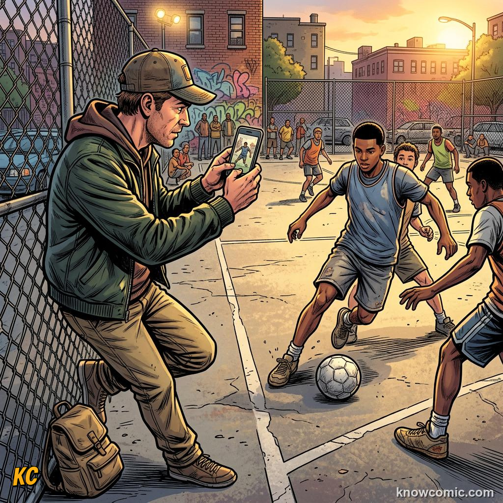 Comic panel labelled scouts, illustrating street football & futsal in KnowComic's World Cup 2026 series