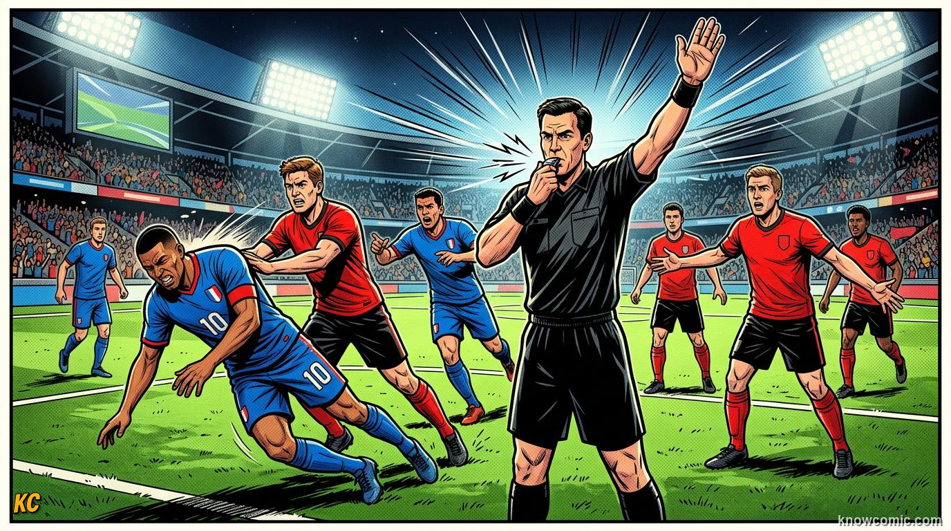 Comic panel titled what is a foul, labelled stop the play, from the KnowComic World Cup 2026 lesson on fouls, cards & free kicks