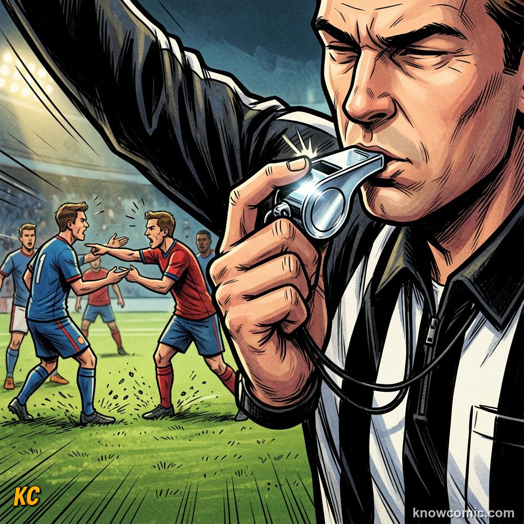 Comic panel titled yellow means be careful, labelled the whistle, from the KnowComic World Cup 2026 lesson on fouls, cards & free kicks