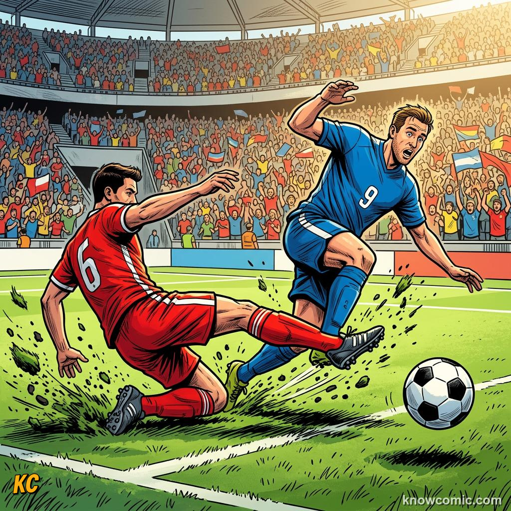 Comic panel titled yellow means be careful, labelled illegal contact, from the KnowComic World Cup 2026 lesson on fouls, cards & free kicks