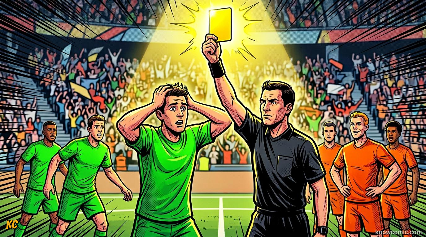 Comic panel titled yellow means be careful, labelled official warning, from the KnowComic World Cup 2026 lesson on fouls, cards & free kicks