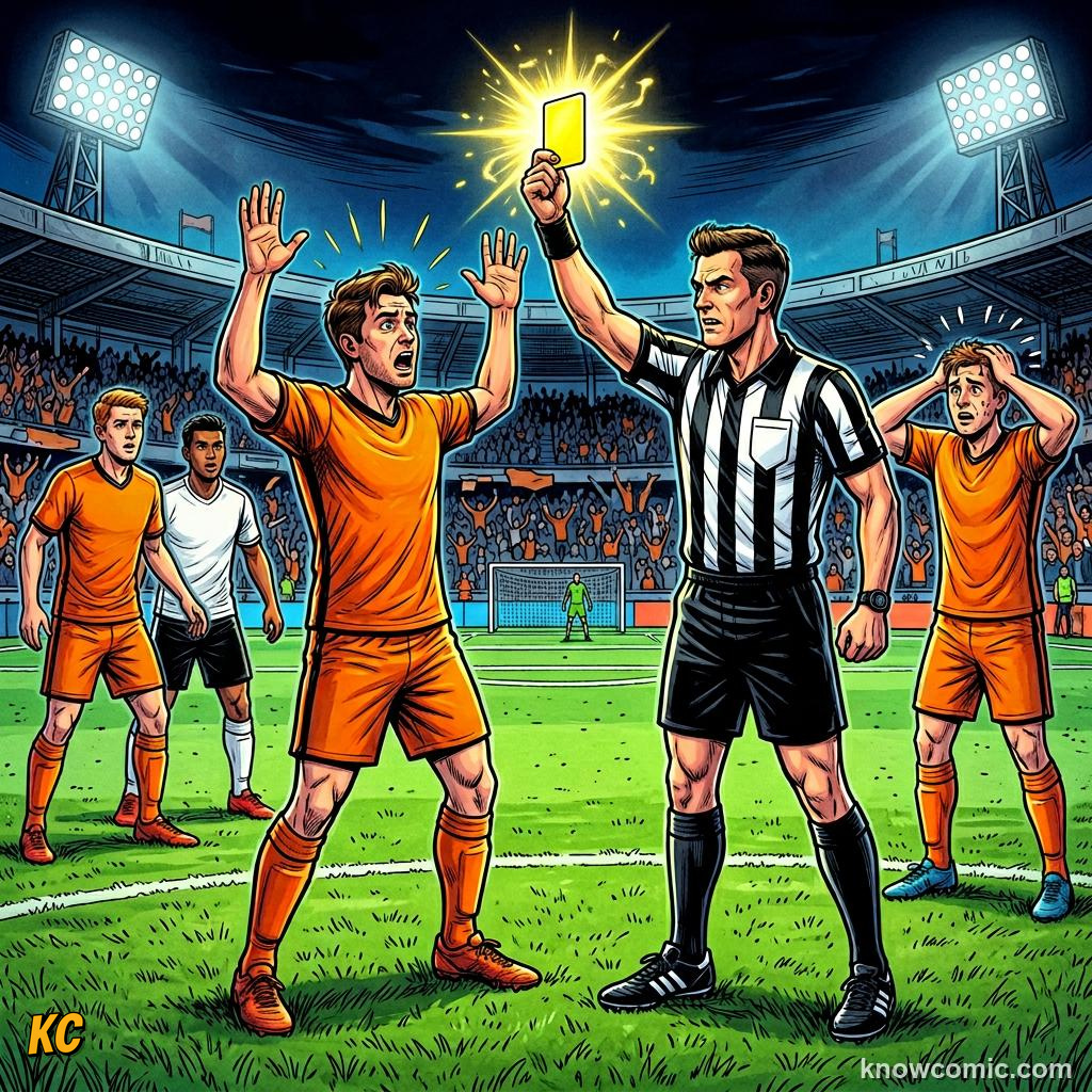 Comic panel titled red means leave the pitch, labelled first yellow, from the KnowComic World Cup 2026 lesson on fouls, cards & free kicks