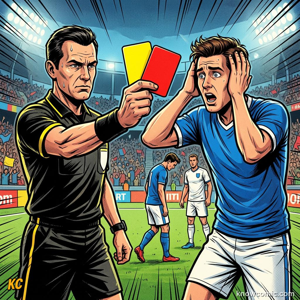 Comic panel titled red means leave the pitch, labelled second yellow, from the KnowComic World Cup 2026 lesson on fouls, cards & free kicks