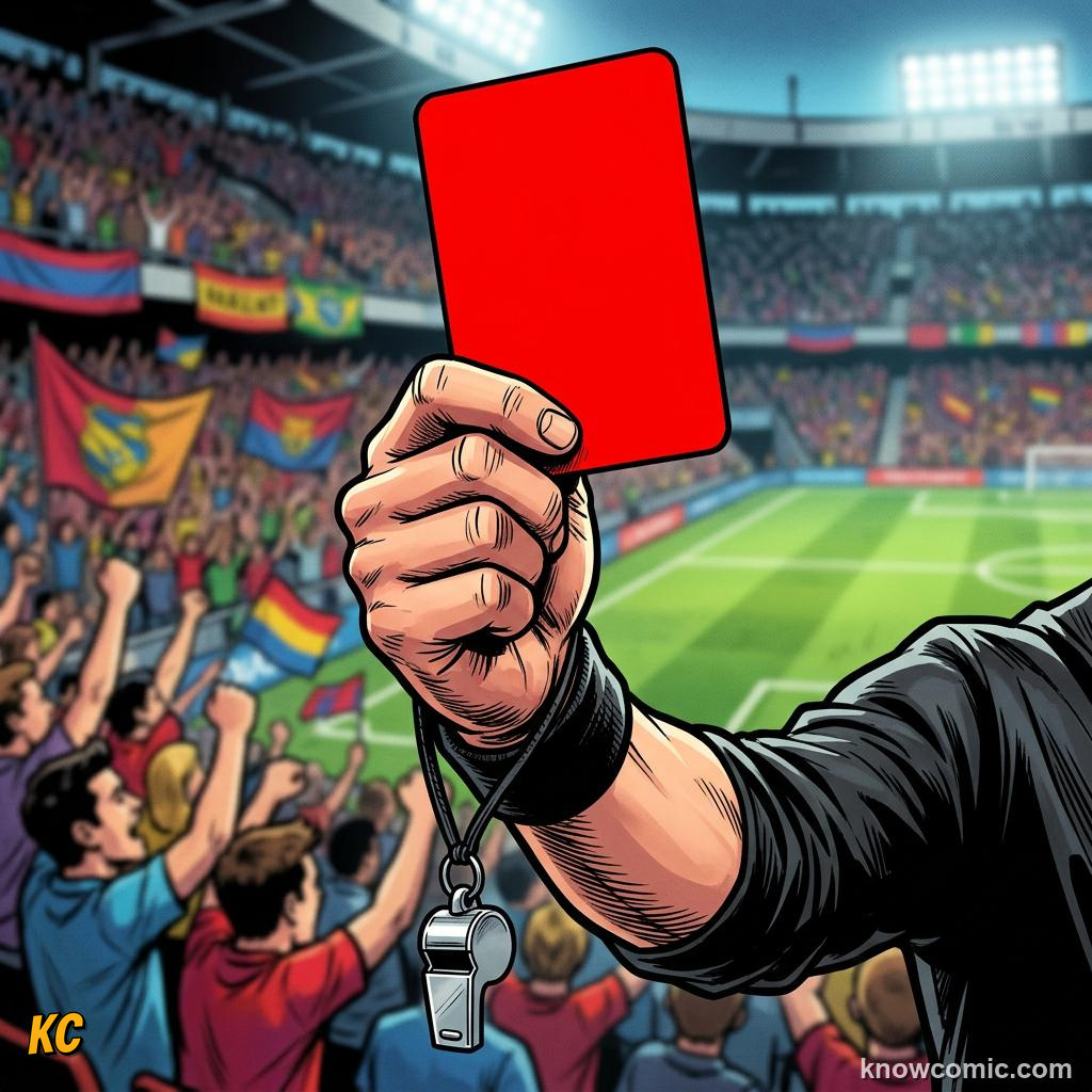 Comic panel titled red means leave the pitch, labelled 1970 debut, from the KnowComic World Cup 2026 lesson on fouls, cards & free kicks