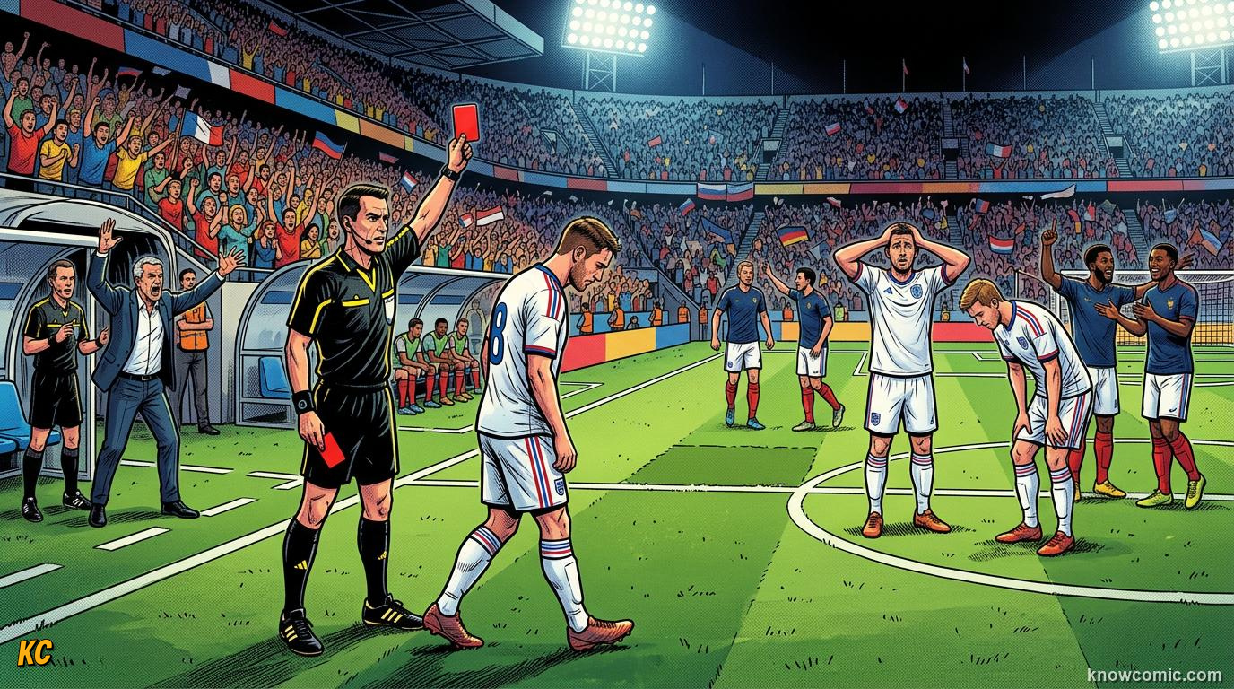 Comic panel titled red means leave the pitch, labelled game over for you, from the KnowComic World Cup 2026 lesson on fouls, cards & free kicks