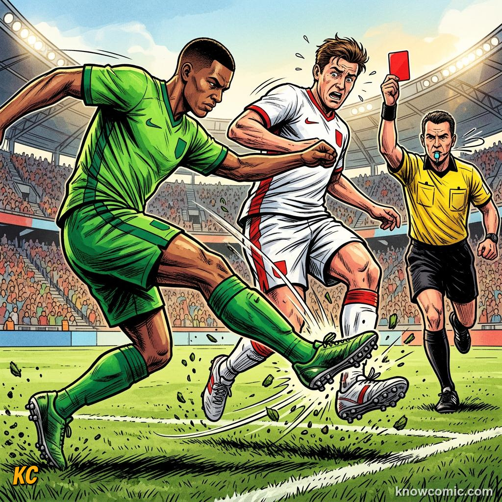 Comic panel titled red means leave the pitch, labelled dangerous play, from the KnowComic World Cup 2026 lesson on fouls, cards & free kicks
