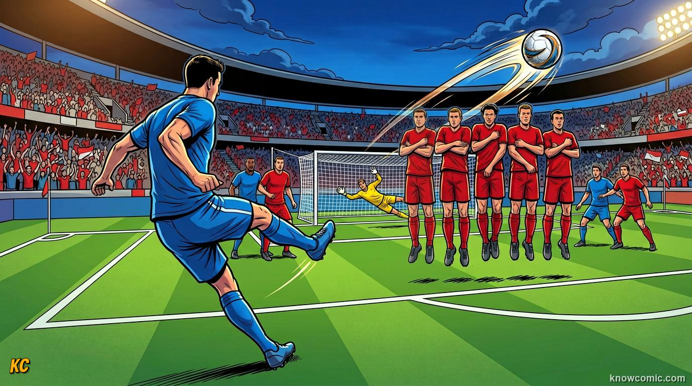 Comic panel titled one kick can change everything, labelled punishment kick, from the KnowComic World Cup 2026 lesson on fouls, cards & free kicks