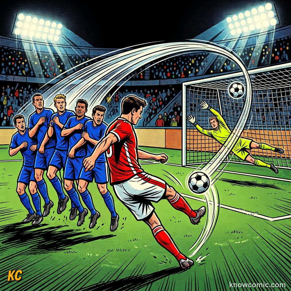 Comic panel titled when a foul becomes a penalty, labelled direct kick, from the KnowComic World Cup 2026 lesson on fouls, cards & free kicks