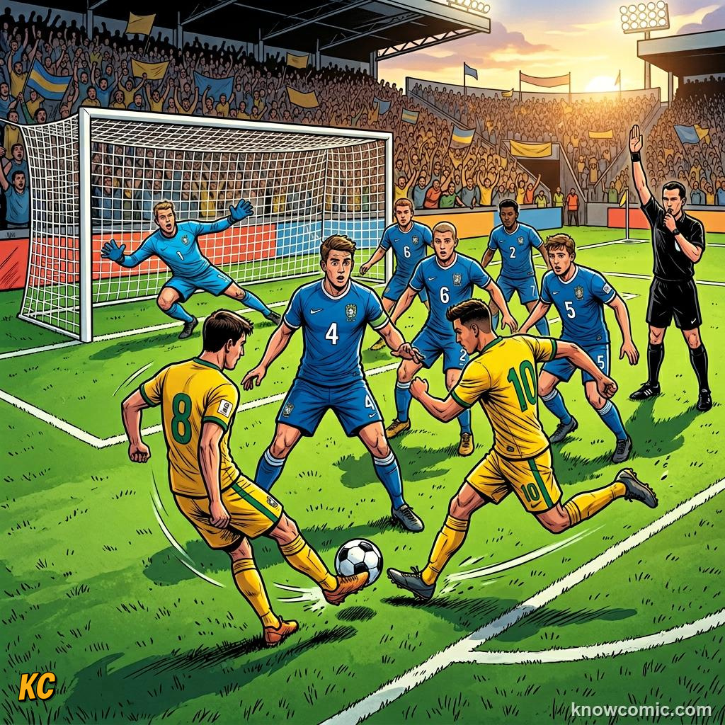 Comic panel titled when a foul becomes a penalty, labelled indirect kick, from the KnowComic World Cup 2026 lesson on fouls, cards & free kicks