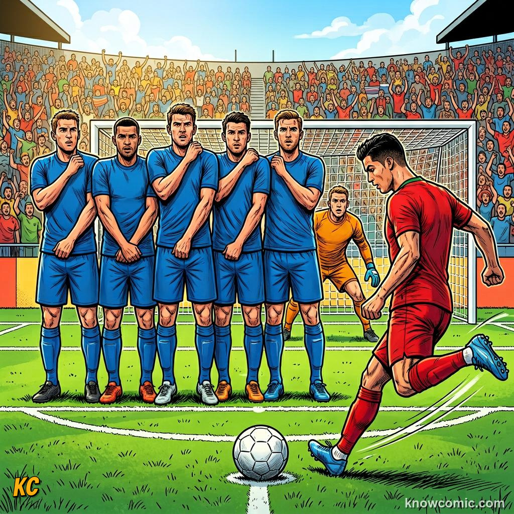 Comic panel titled when a foul becomes a penalty, labelled the wall, from the KnowComic World Cup 2026 lesson on fouls, cards & free kicks